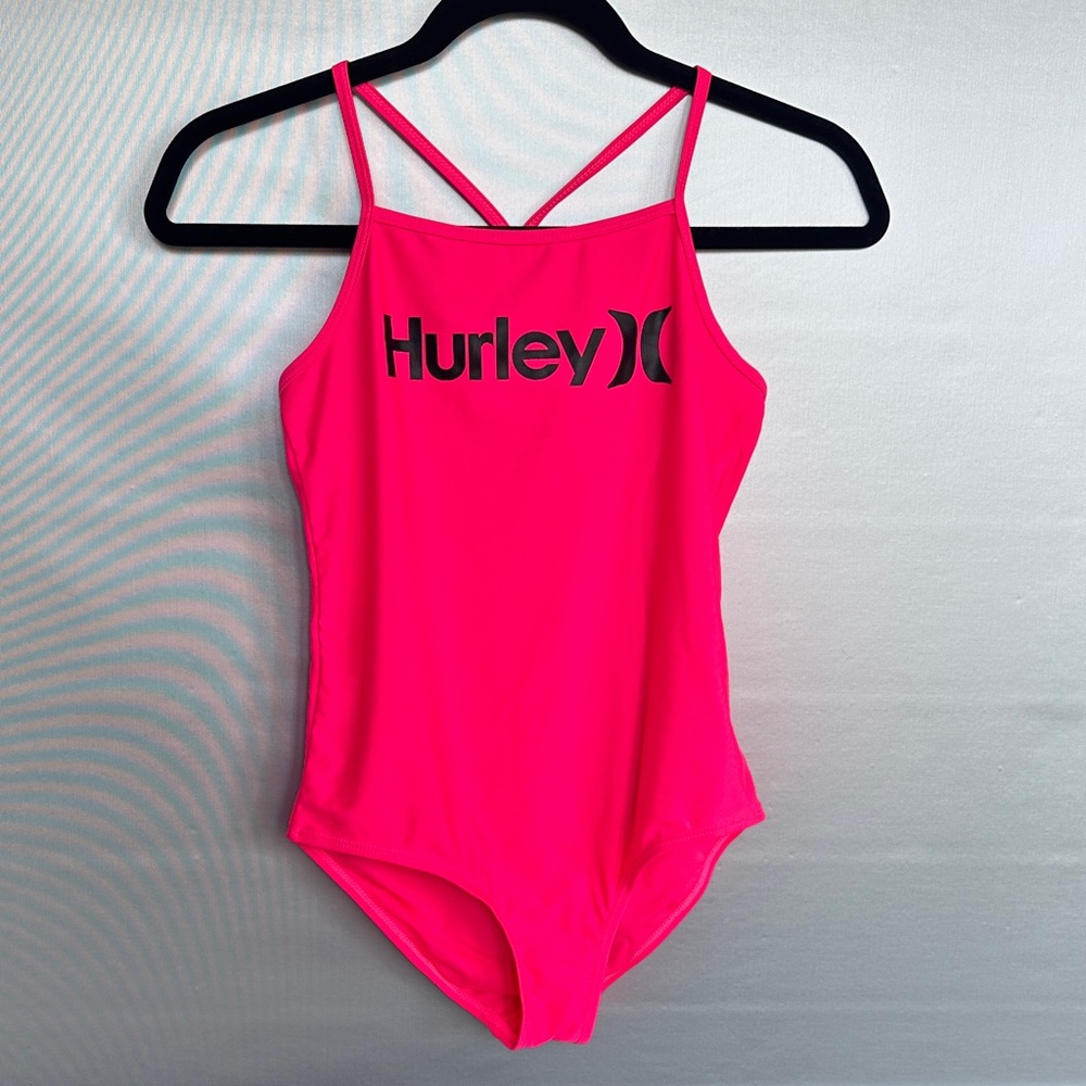 NWT Hurley Big Girl's L 12/14 Bright Neon Pink Swimsuit 1 Pc Halter Tank Beach